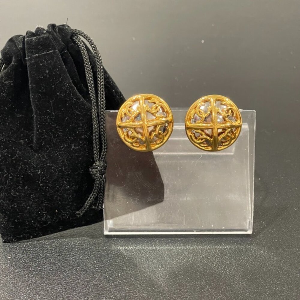 Chanel CC Logos Mirror Round Cross Clip-On Earrings Gold Tone  (JB1017)